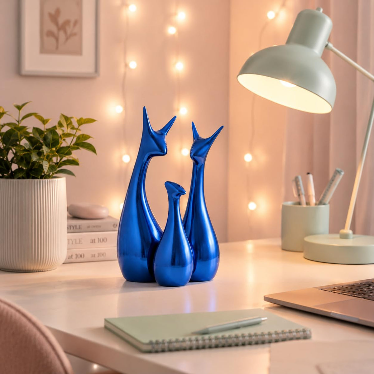 Muted Matte Metallic Blue Home Decor Lucky Deer Family Ceramic Figurine (Set of 3, Blue)
