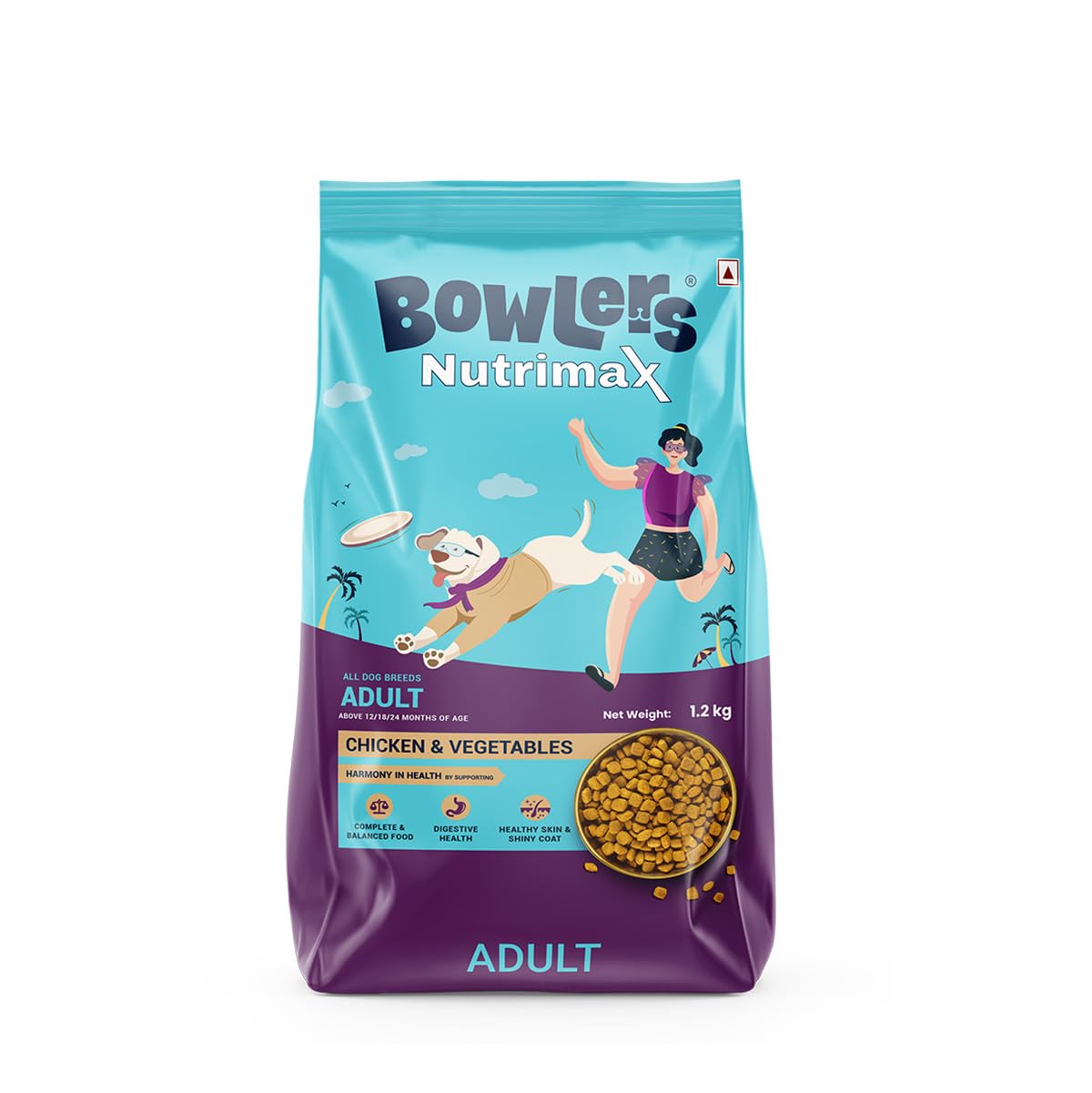 Bowlers Nutrimax Adult Dry Dog Food | Chicken & Vegetables | 1.2 kg Protein | Smooth Digestion & Healthy Coat | Complete & Balanced Nutrition | Enriched with Essential Amino Acids