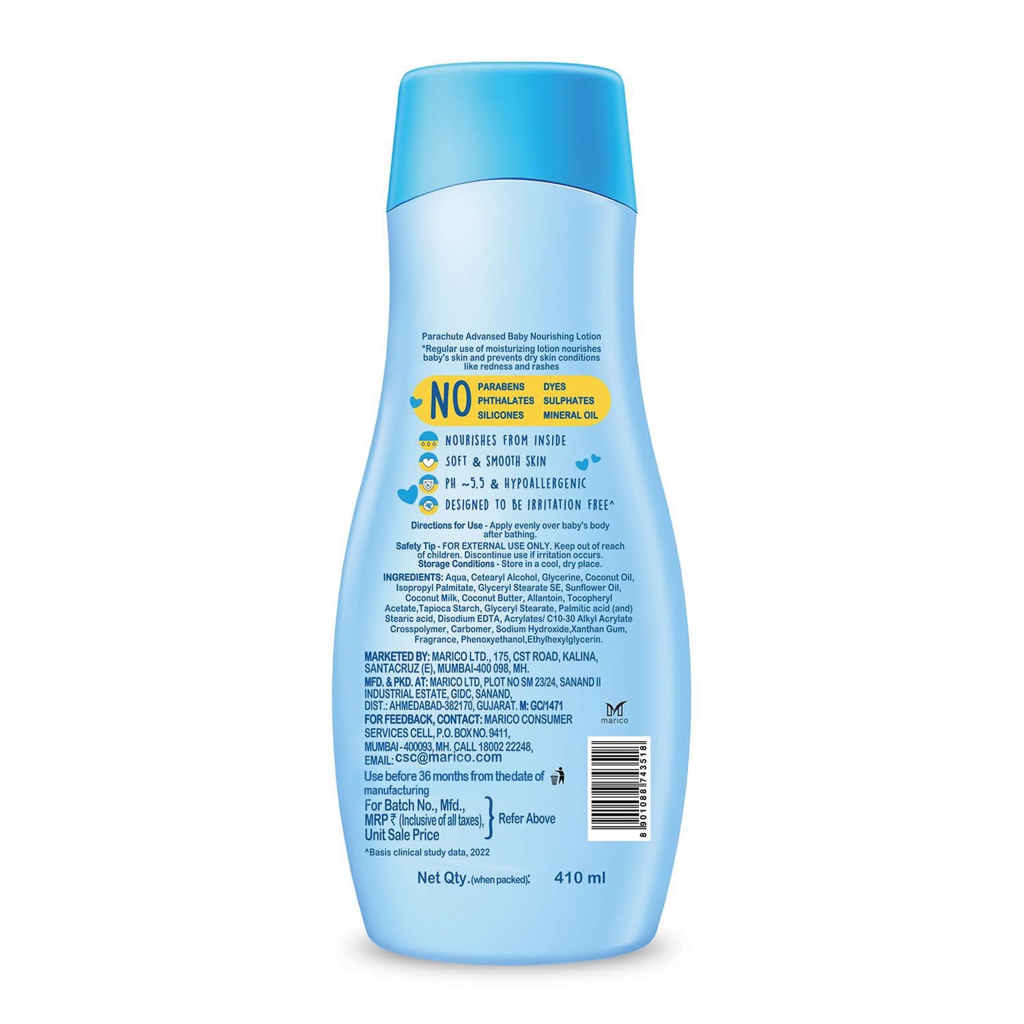 Parachute Advansed Baby Lotion for New Born Babies | Doctor Certified | Virgin Coconut Oil & Coconut Milk | Ph 5.5 | 24 Hour Moisturization | 410ml