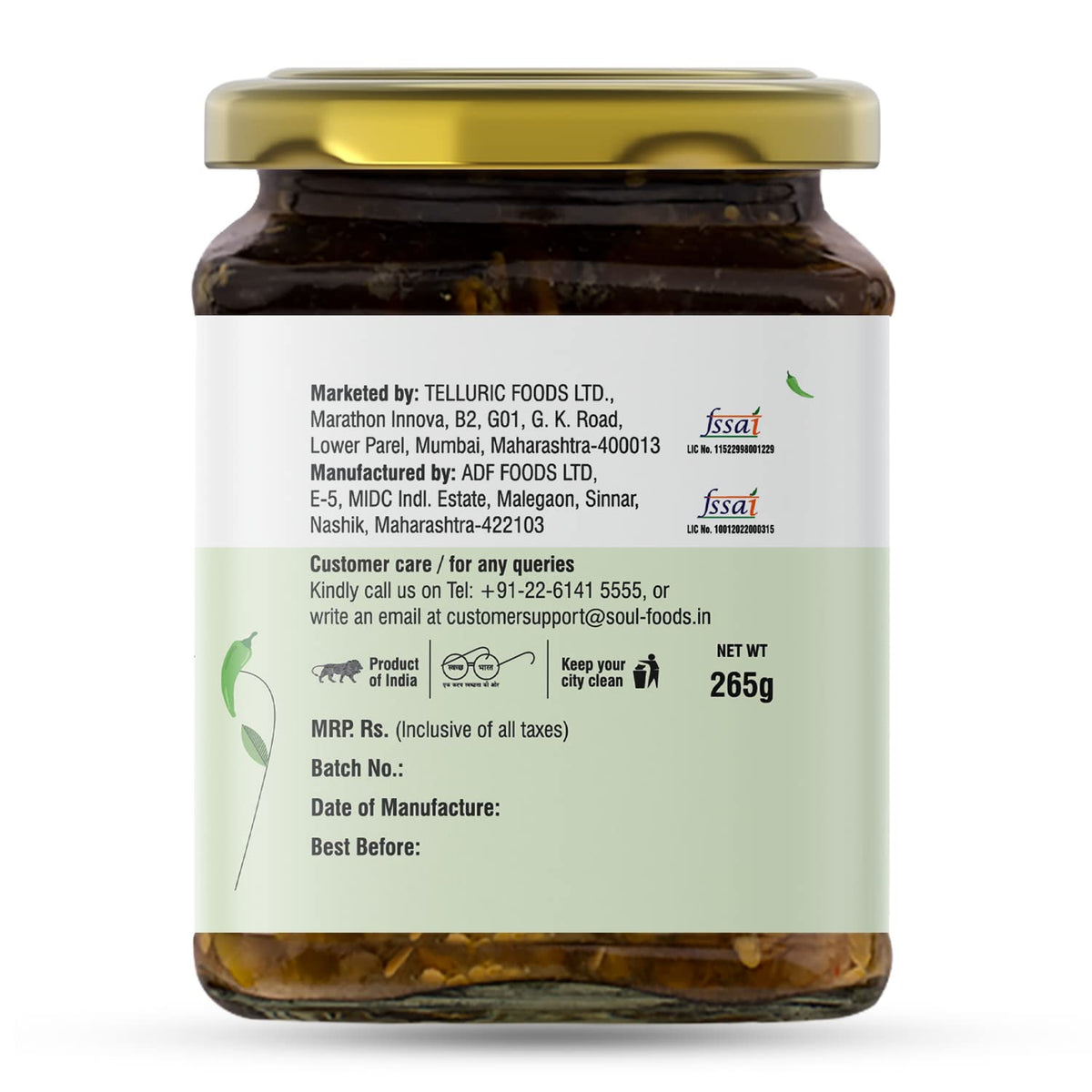 ADF Soul’s Spicy green chillies pickled in 100% Olive Oil with bold, tangy and traditional Indian spices | 265g
