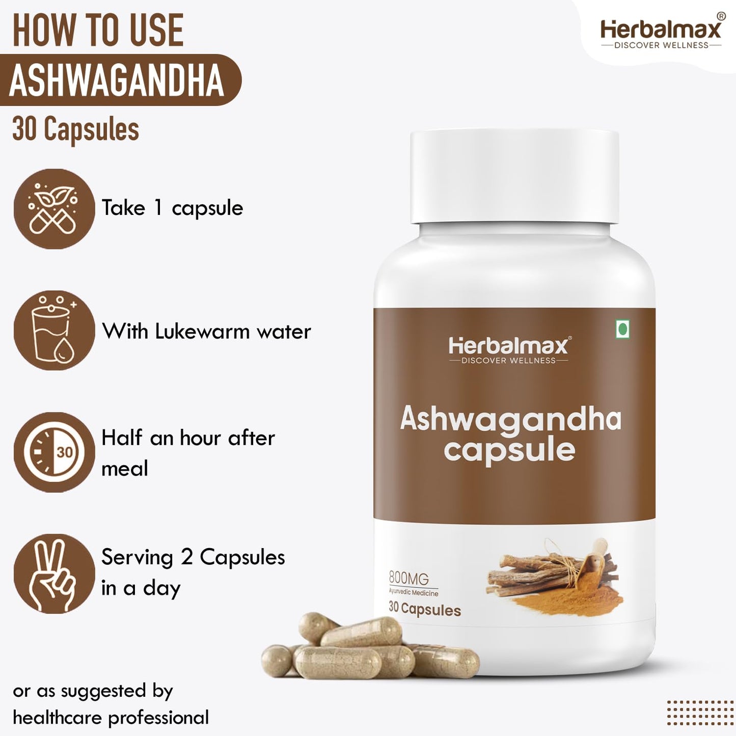 Herbal Max Ashwagandha General Wellness Capsules – 30 Veg Capsules 800mg | Ayurvedic Supplement for Stress Relief, Performance, Immunity & Energy