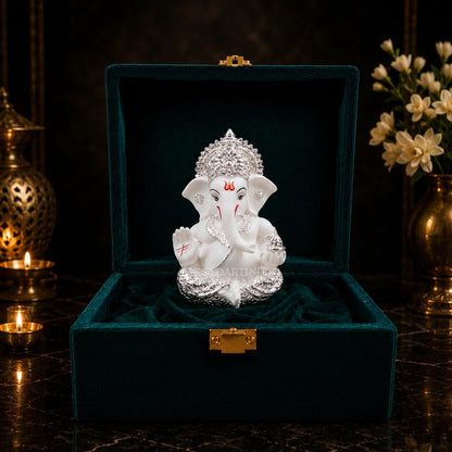 Gold Art India Ganesha Idol 999 Silver Plated White Finish Lord Ganesh Murti for Home Decor, Car Dashboard, Mandir & Office | Premium Ganesh Statue for Diwali, Wedding & Spiritual Gift | 3.5 Inch