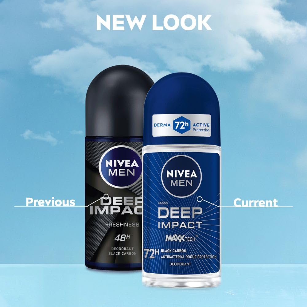 NIVEA MEN Deep Impact Freshness Deodorant Underarm Roll-on | 72 H Long Lasting Freshness | Infused with Black Carbon to fight bacteria and body odour | Woody masculine fragrance | 0% Alcohol | Dermatologically Approved & Paraben Free Formula | 50ml