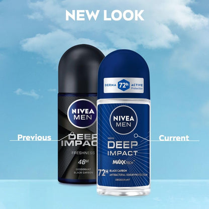 NIVEA MEN Deep Impact Freshness Deodorant Underarm Roll-on | 72 H Long Lasting Freshness | Infused with Black Carbon to fight bacteria and body odour | Woody masculine fragrance | 0% Alcohol | Dermatologically Approved & Paraben Free Formula | 50ml