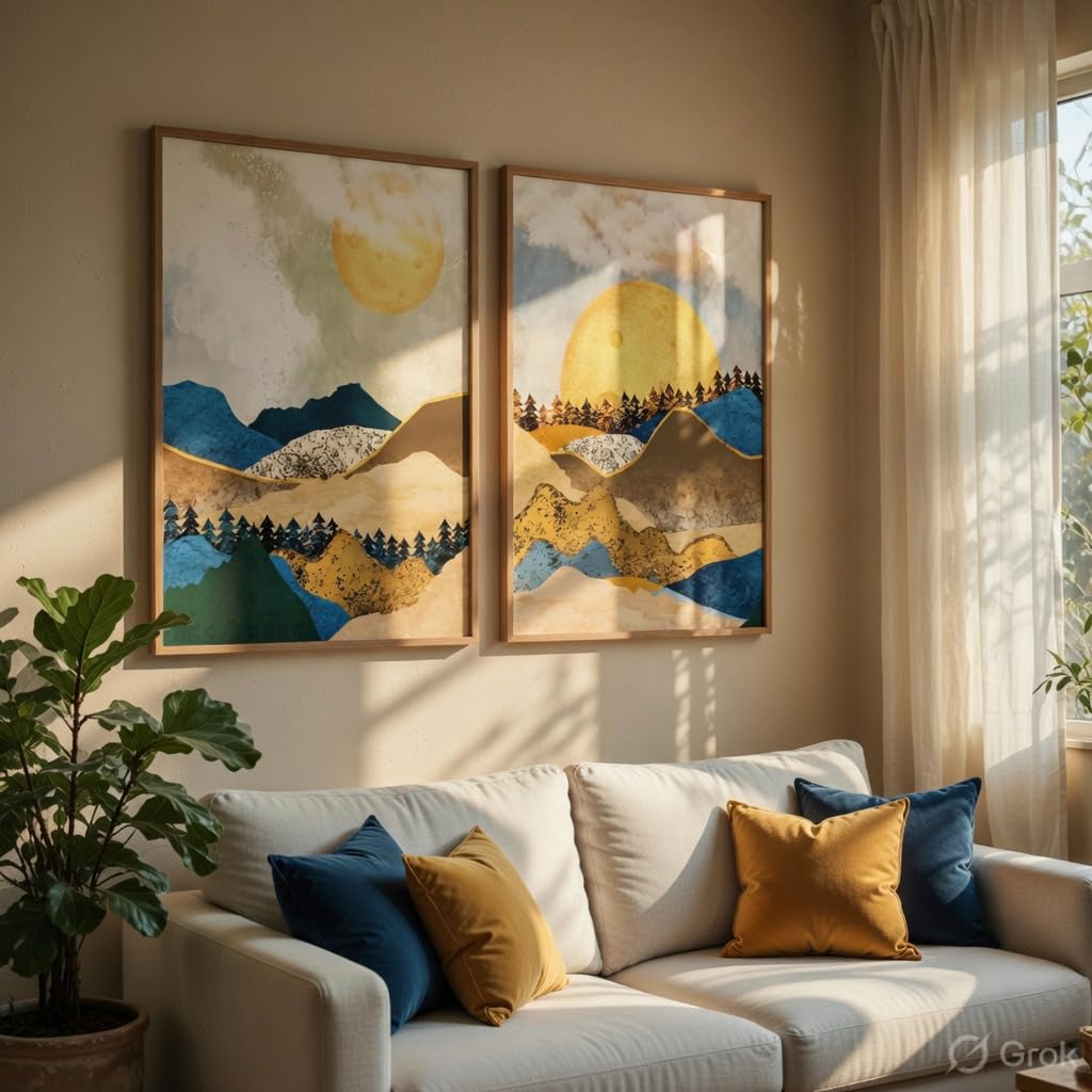 Abstract Mountain Landscape Wall Painting Set of 2 with Wooden Frames | Modern Sun Mountain Artwork HD Sparkle Laminated MDF Wall Decor | Nature Wall Art for Living Room