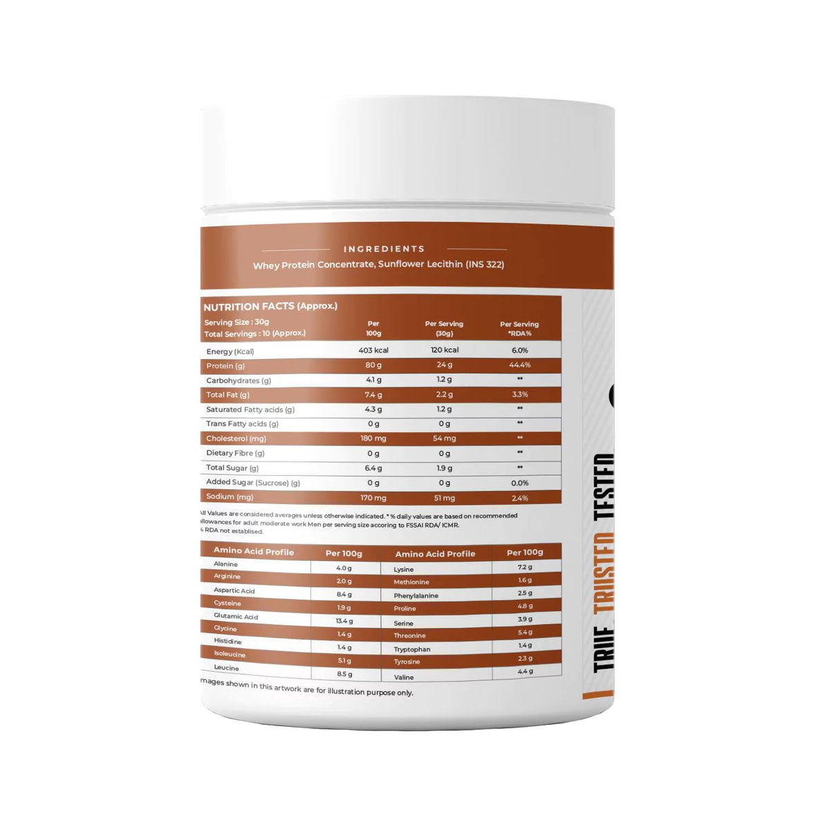 Nutritional label on a supplement container with white and brown design.