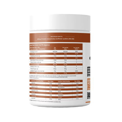 Nutritional label on a supplement container with white and brown design.