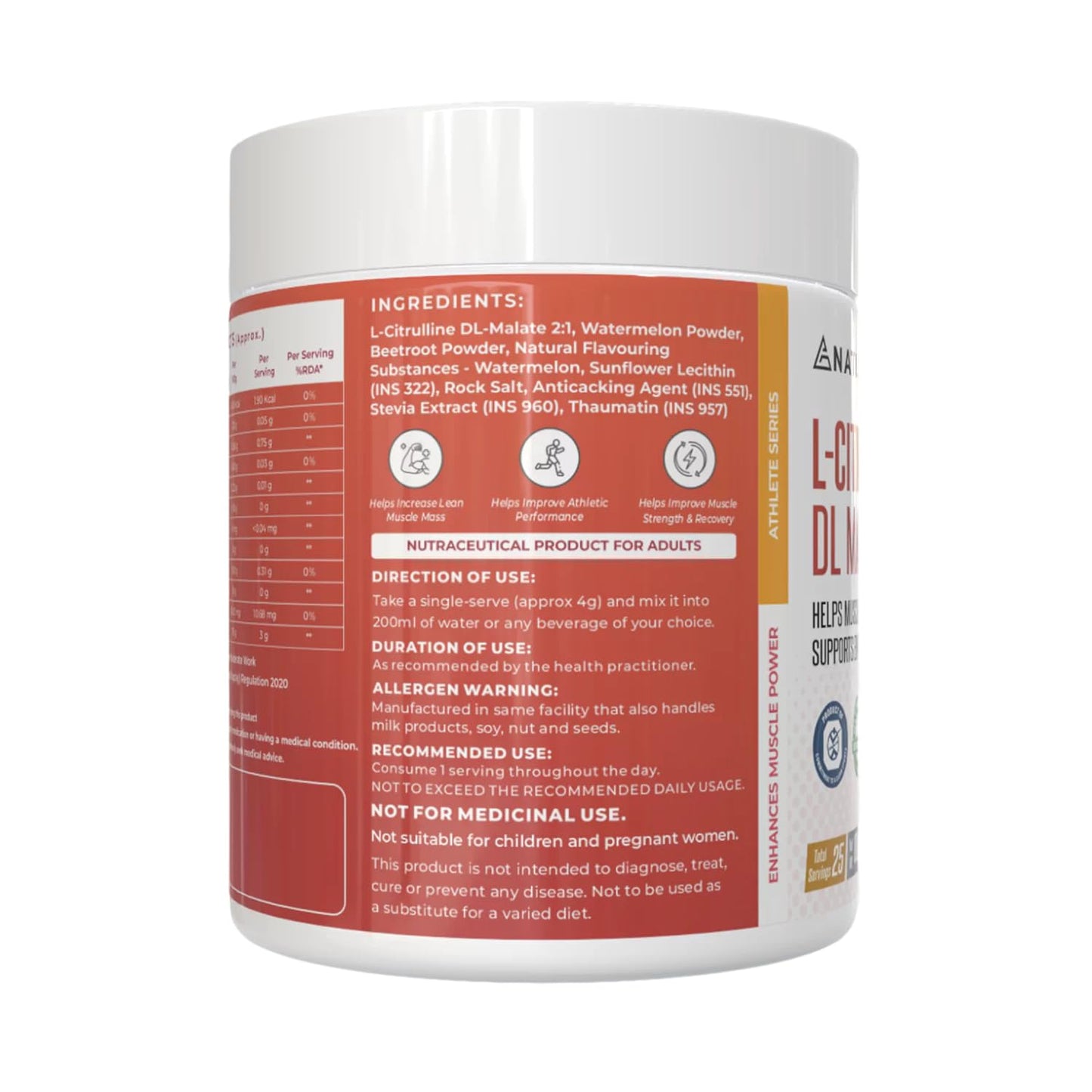 NATURALTEIN Citrulline Malate 2:1 | Watermelon Flavour | Nitric Oxide Booster for Bigger Pumps & Workout Performance | 100g, 25 Servings | Supports Strength & Endurance