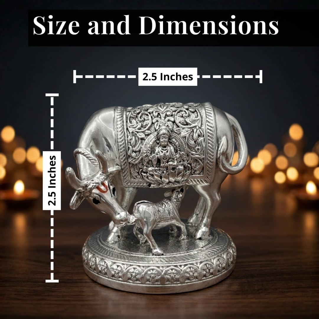 Dev Aastha 999 Pure Silver Plated Kamdhenu Cow Idol | 2.5 inch Vastu Home Decor for Pooja Room & Mandir | Symbol of Prosperity & Abundance | Ideal Religious & Spiritual Gift