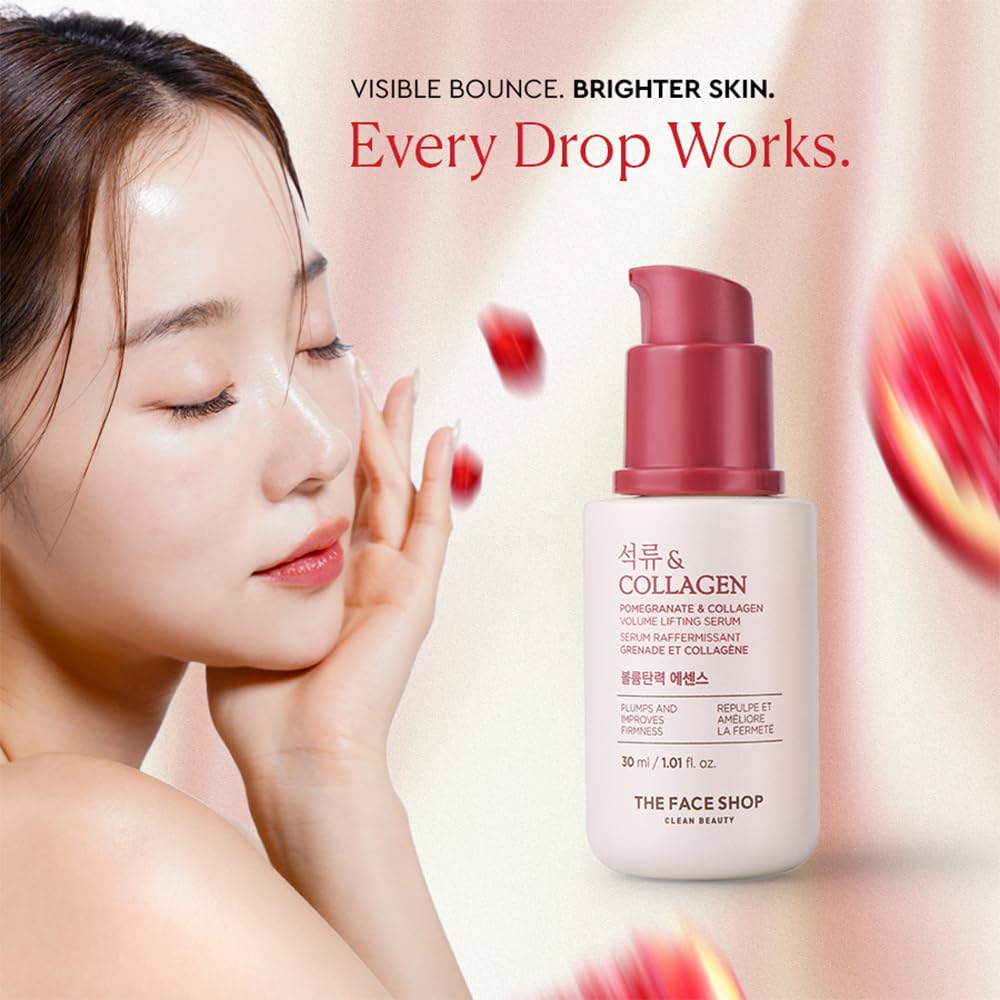 Woman applying serum to face with 'The Face Shop' collagen product in foreground