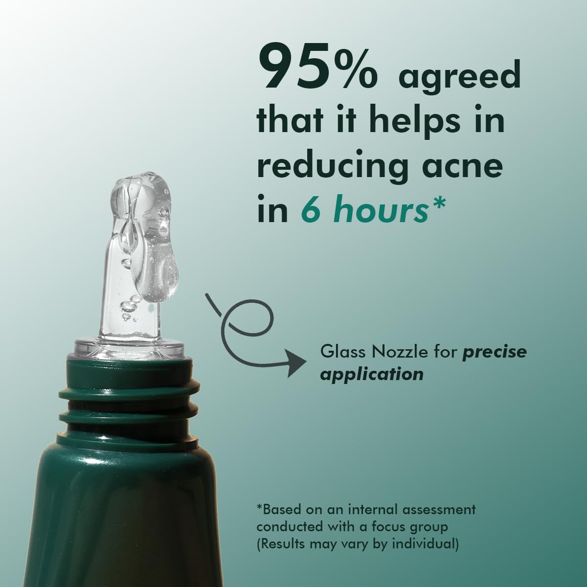 Bottle with glass nozzle for skincare product, highlighting 95% effectiveness in reducing acne in 6 hours.