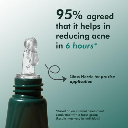 Bottle with glass nozzle for skincare product, highlighting 95% effectiveness in reducing acne in 6 hours.