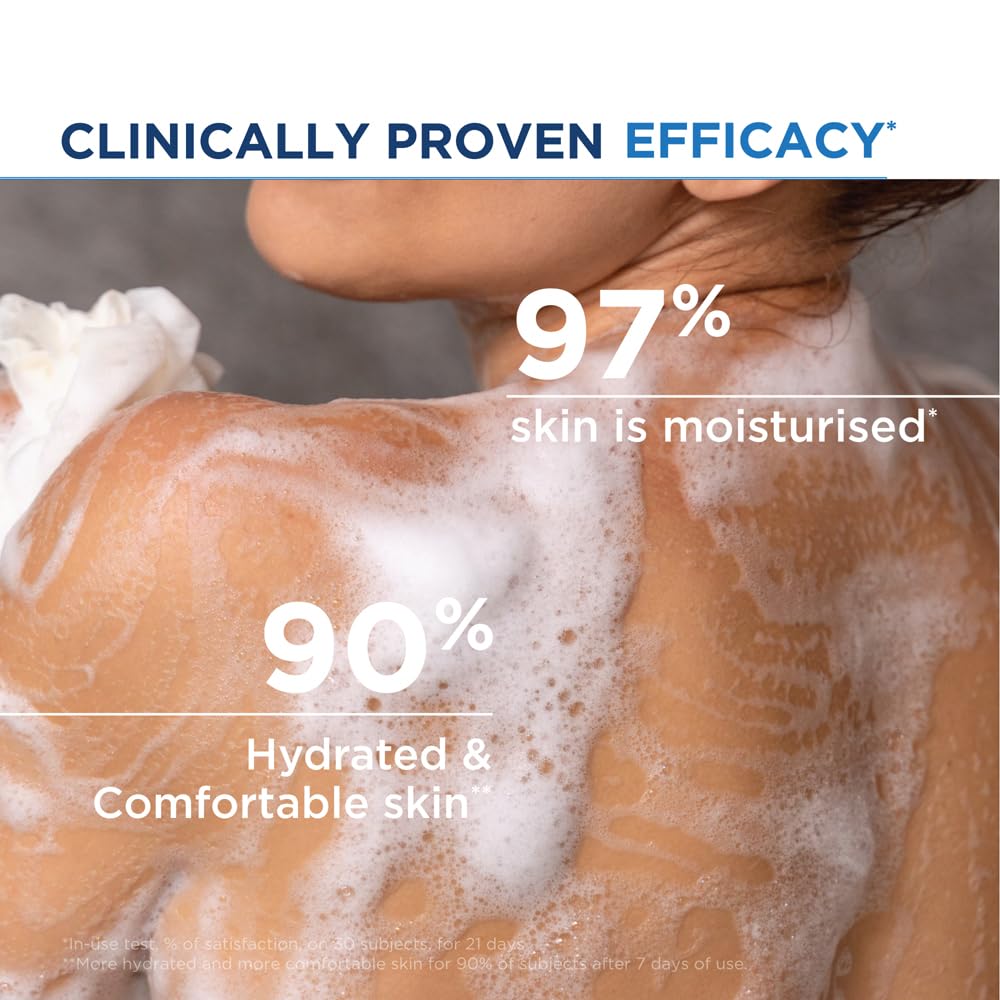 Person with moisturized skin and text indicating clinical efficacy