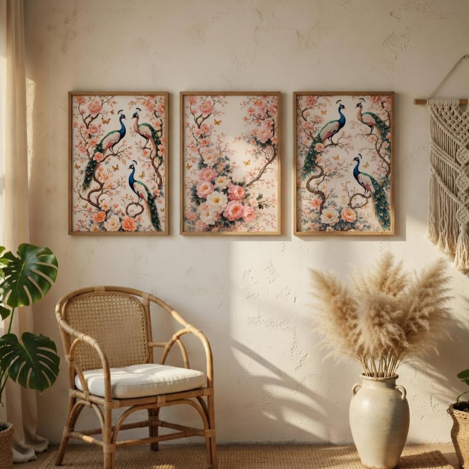 Peacock Floral Wall Painting Set of 3 with Wooden Frames | Elegant Bird & Blossom Artwork HD Sparkle Laminated MDF Wall Decor | Botanical Peacock Wall Art for Living Room Bedroom Hallway