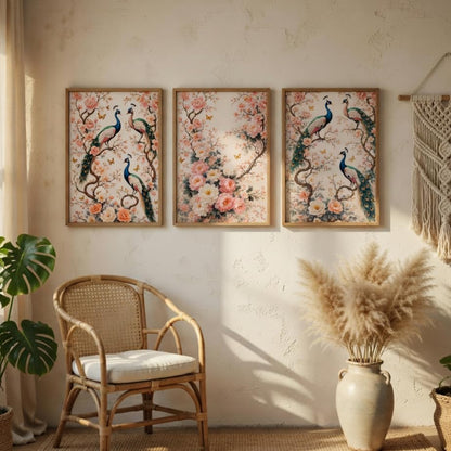Peacock Floral Wall Painting Set of 3 with Wooden Frames | Elegant Bird & Blossom Artwork HD Sparkle Laminated MDF Wall Decor | Botanical Peacock Wall Art for Living Room Bedroom Hallway