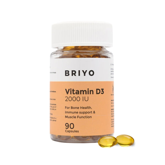 Bottle of Briyo Vitamin D3 2000 IU capsules on a white background