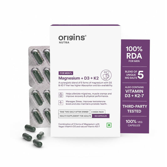 Origins Nutra 5-in-1 Magnesium + D3 + K2 for Men | 100% RDA of Magnesium, D3 & K2 | 56 Veg. Capsules | Supports Muscle Health, Energy & Stress Management | GMP Certified | Pack of 1