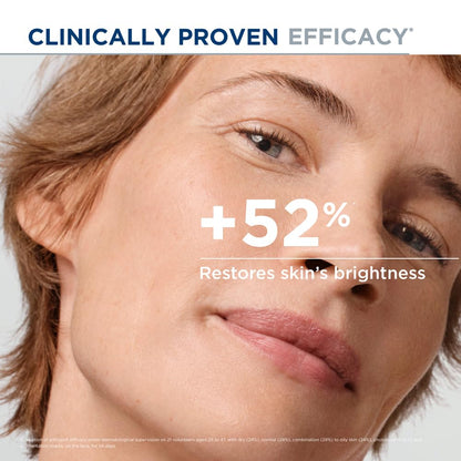 Close-up of a woman's face with text indicating clinically proven efficacy and skin brightness restoration.