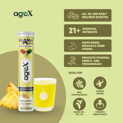 Daily Multivitamins - 21 Fast-Acting Vitamins & Minerals with Vit C, B3, B12, Zinc and Iron for Immunity, Energy & Heart Health - 20 Effervescent Tablets - Pineapple (Pack of 1)