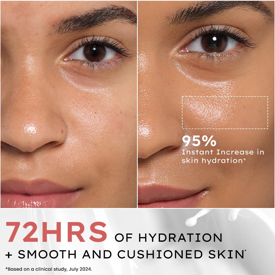 Before and after comparison of a woman's face with text highlighting skin hydration benefits.