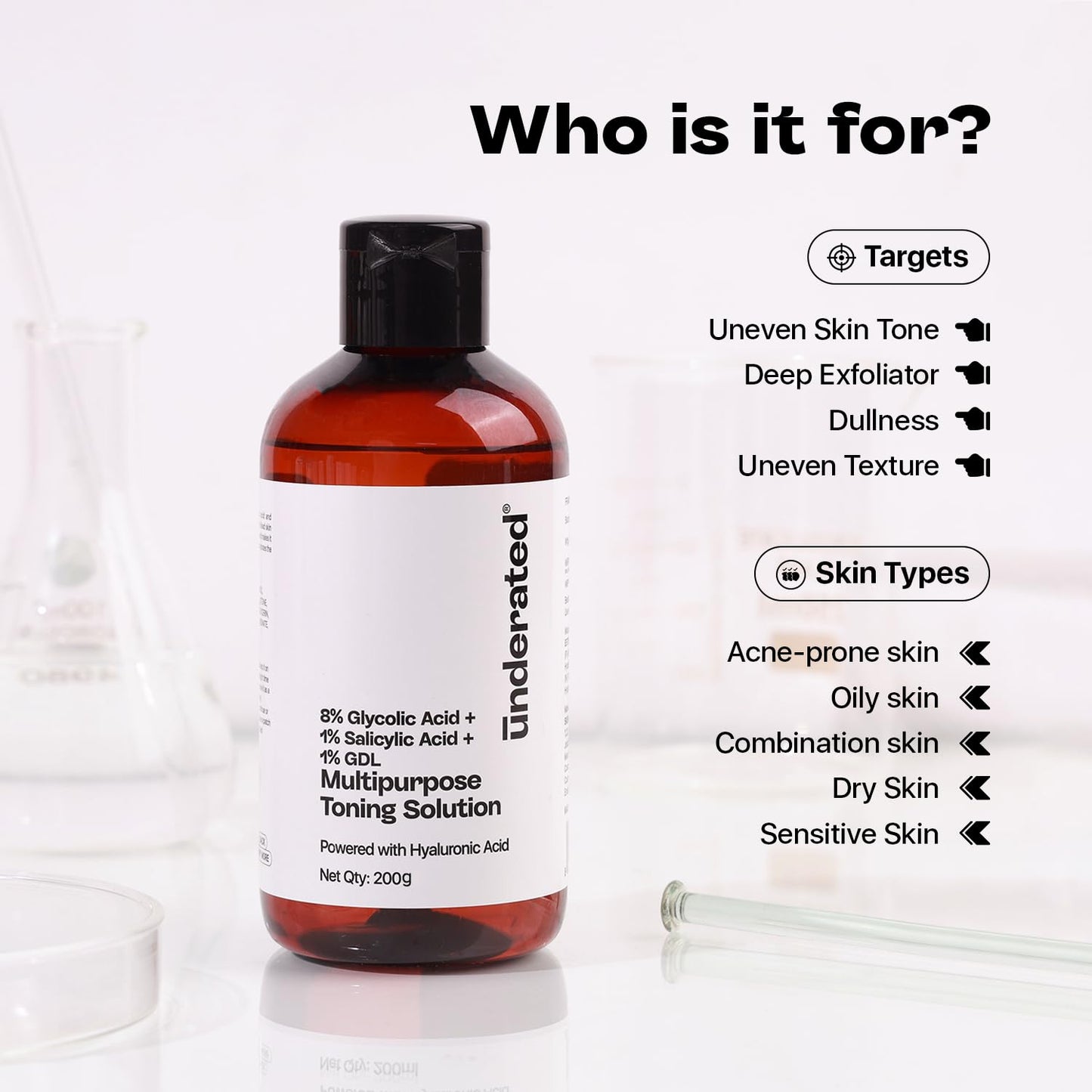 Underated 8% Glycolic Acid Toner for Skin with 1% Salicylic Acid, 1% GDL & AHA BHA PHA Formula | For Women & Men | For Oily & Acne Prone Skin | Face & Body Exfoliating Toner | 200 g