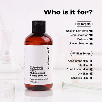 Underated 8% Glycolic Acid Toner for Skin with 1% Salicylic Acid, 1% GDL & AHA BHA PHA Formula | For Women & Men | For Oily & Acne Prone Skin | Face & Body Exfoliating Toner | 200 g