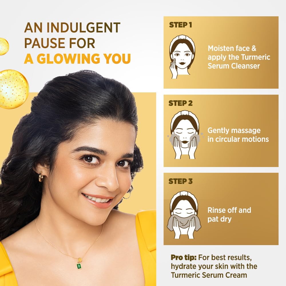Cosmetic product advertisement with a woman and skincare steps on a yellow background