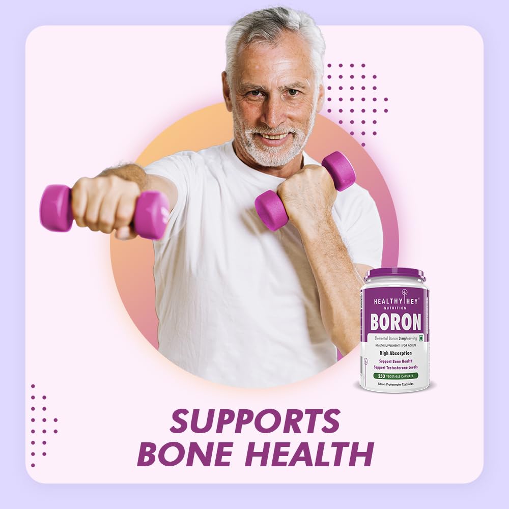 Man exercising with dumbbells and a Boron supplement bottle on a light purple background