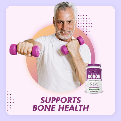 Man exercising with dumbbells and a Boron supplement bottle on a light purple background