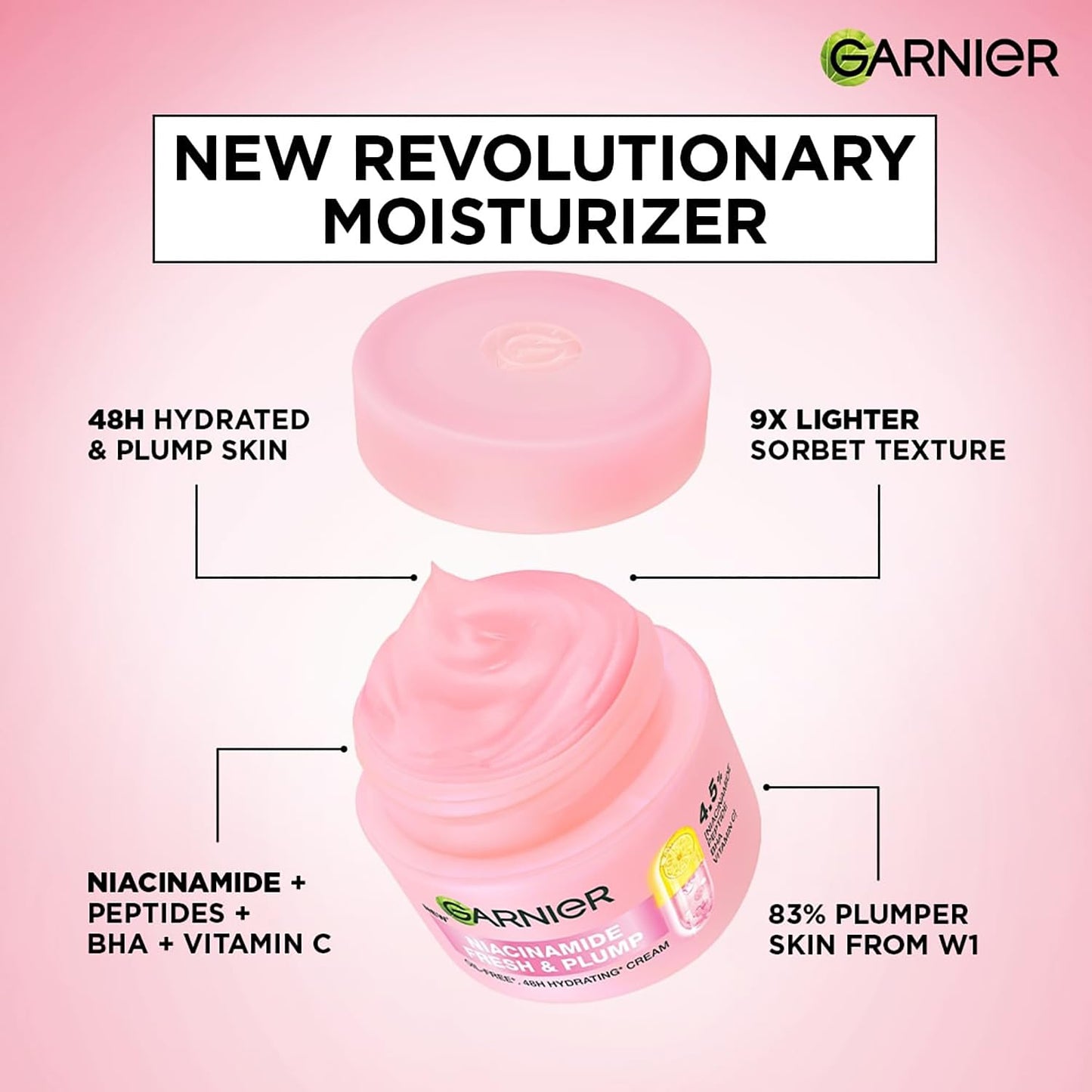 Garnier moisturizer jar with pink sorbet texture on a pink background