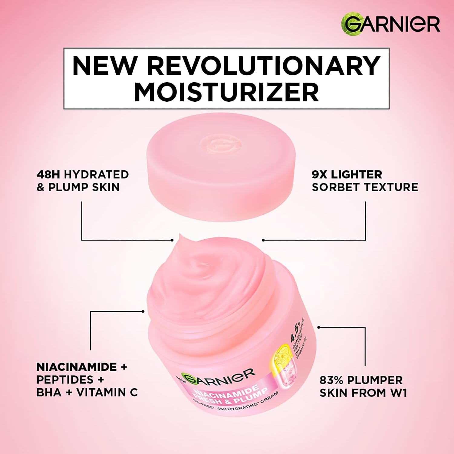 Garnier moisturizer jar with pink sorbet texture on a pink background