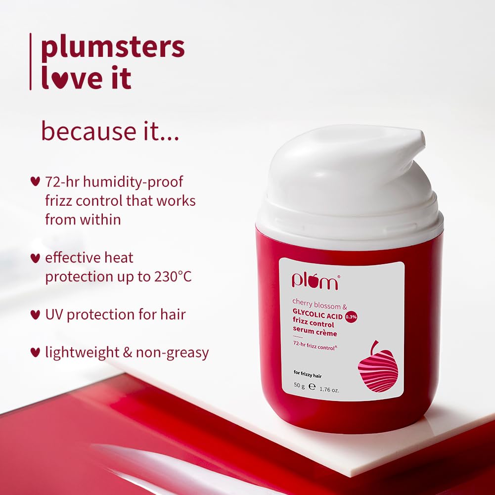 Plum Cherry Blossom & 0.3% Glycolic Acid Frizz Control Hair Serum Crème | 72-hr humidity-proof | Tames frizzy hair | Leave-in Hair Serum | Heat & UV protection | 50g
