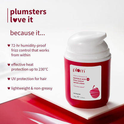 Plum Cherry Blossom & 0.3% Glycolic Acid Frizz Control Hair Serum Crème | 72-hr humidity-proof | Tames frizzy hair | Leave-in Hair Serum | Heat & UV protection | 50g