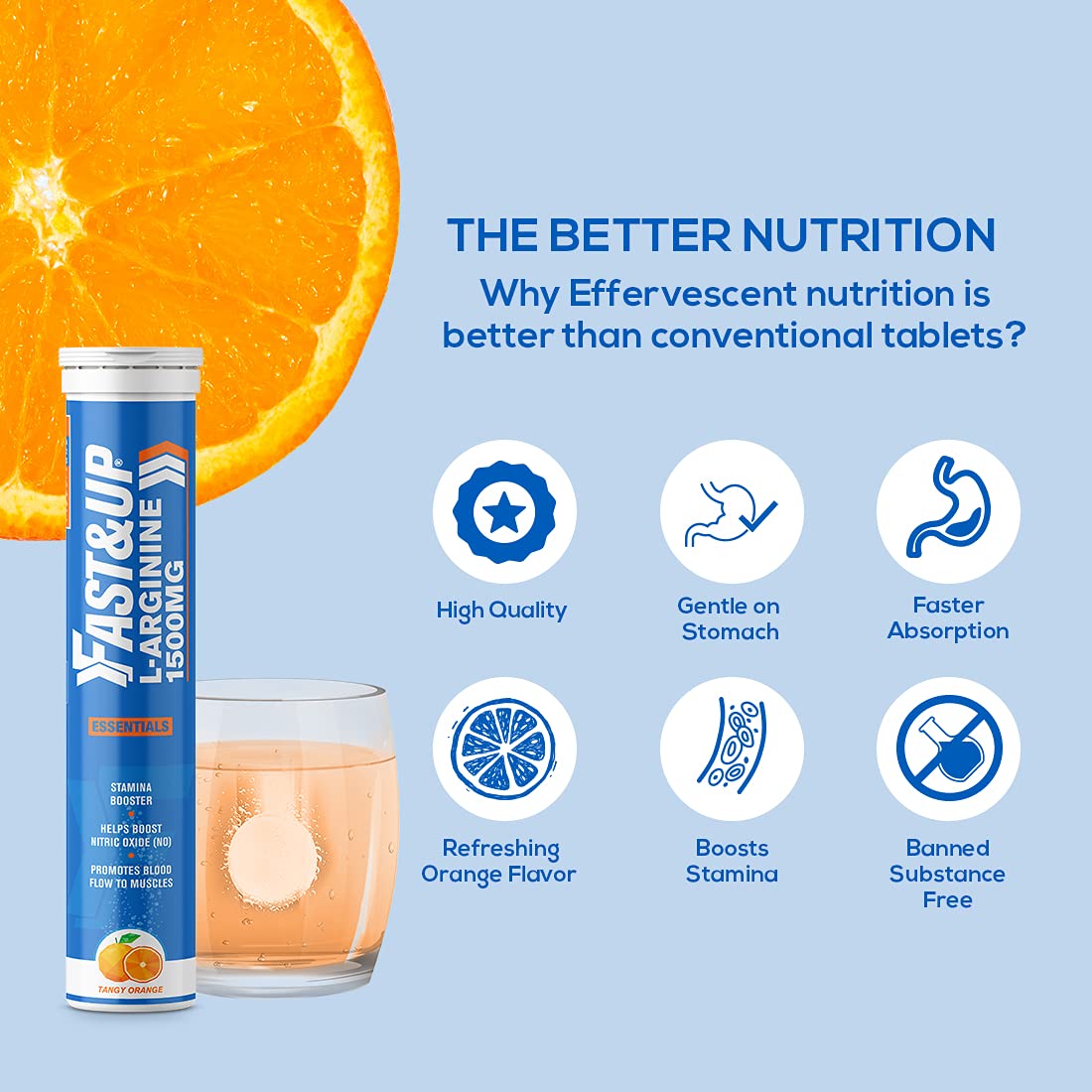 FAST&UP L-Arginine Essentials 1500 mg, Effervescent L-Arginine Supplement, Refreshing Orange Flavour, Boosts Stamina and Nitric Oxide (NO), Delays Onset of Fatigue – Pack of 20 Effervescent Tablets