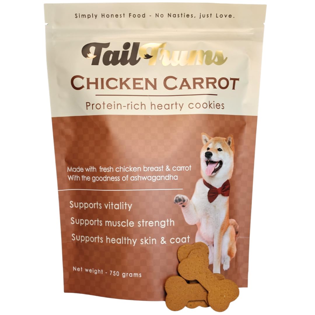 TailTrums Dog Biscuits – Chicken & Carrot Cookies with Ashwagandha 750g | Healthy Dog Food | Freshly Baked Dog Treats, All Natural & Preservative Free | Human-Grade Ingredients| All Breeds |