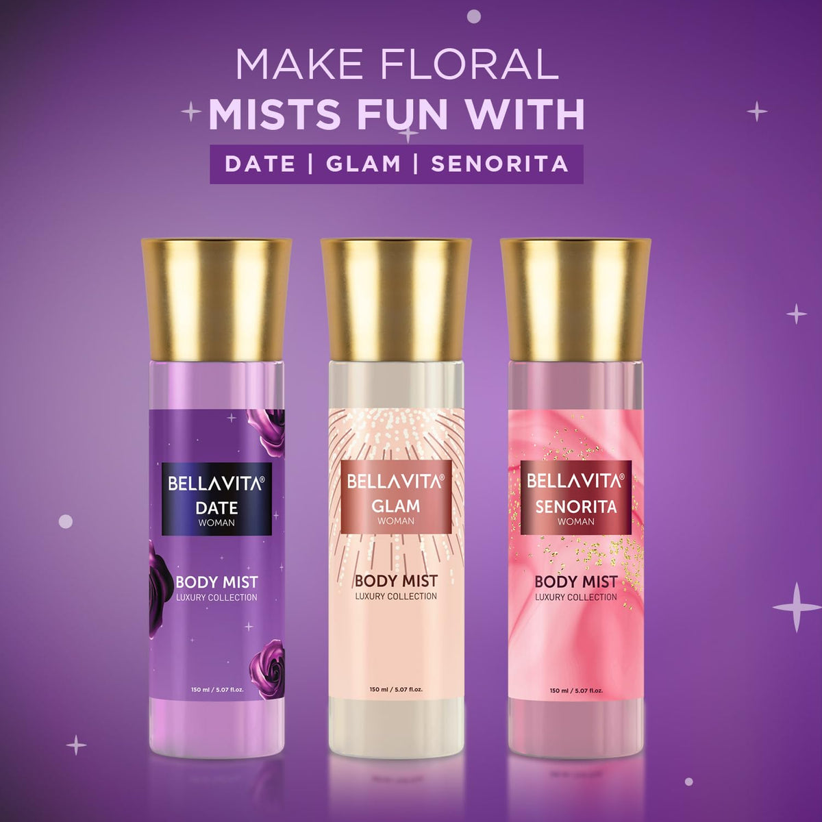 Three Bellavita body mist bottles on a purple background with product names 'Date', 'Glam', and 'Senorita'.