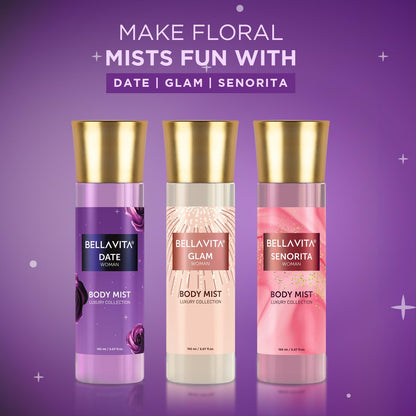Three Bellavita body mist bottles on a purple background with product names 'Date', 'Glam', and 'Senorita'.