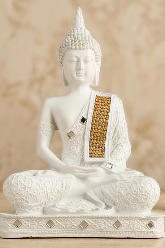 New Limited Edition 25 Centimetre Meditating Sitting Buddha Idol Statue showpiece Home Decor Decoration Items for Living Room and Gifts (White)