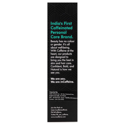 Black label with text about mCaffeine, a personal care brand, on a white background