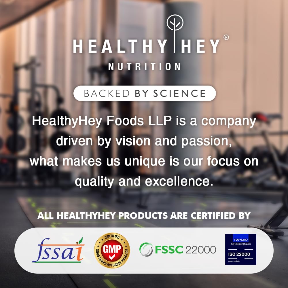 Advertisement for HealthyHey Nutrition with gym equipment in the background