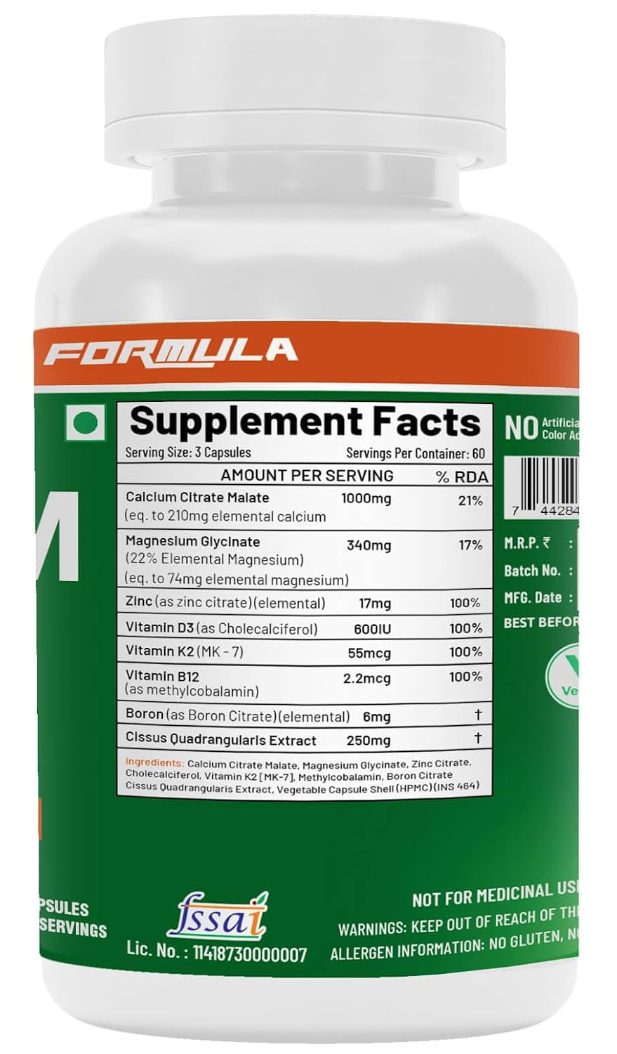 NutriJa Calcium Magnesium Zinc with Vitamin D3, Boron, K2 & B12 | Complete Bone Health & Joint Support Supplement for Men & Women (180 Capsules)