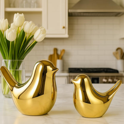 Ceramic Golden Blessing Birds Figurine for Home Decor | Ceramic Figurines - (Set of 2 Piece, Golden)
