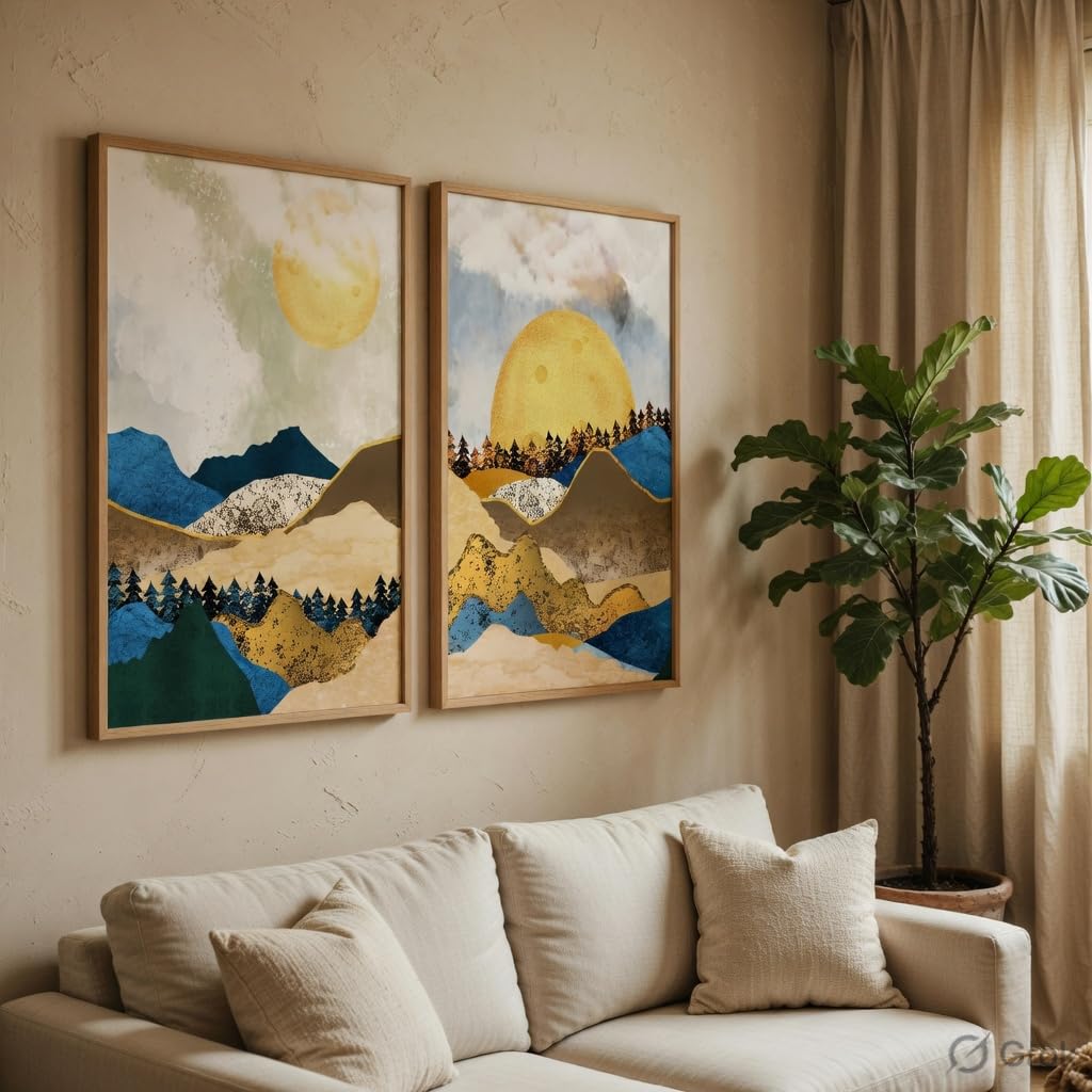 Abstract Mountain Landscape Wall Painting Set of 2 with Wooden Frames | Modern Sun Mountain Artwork HD Sparkle Laminated MDF Wall Decor | Nature Wall Art for Living Room