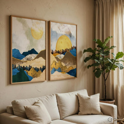 Abstract Mountain Landscape Wall Painting Set of 2 with Wooden Frames | Modern Sun Mountain Artwork HD Sparkle Laminated MDF Wall Decor | Nature Wall Art for Living Room