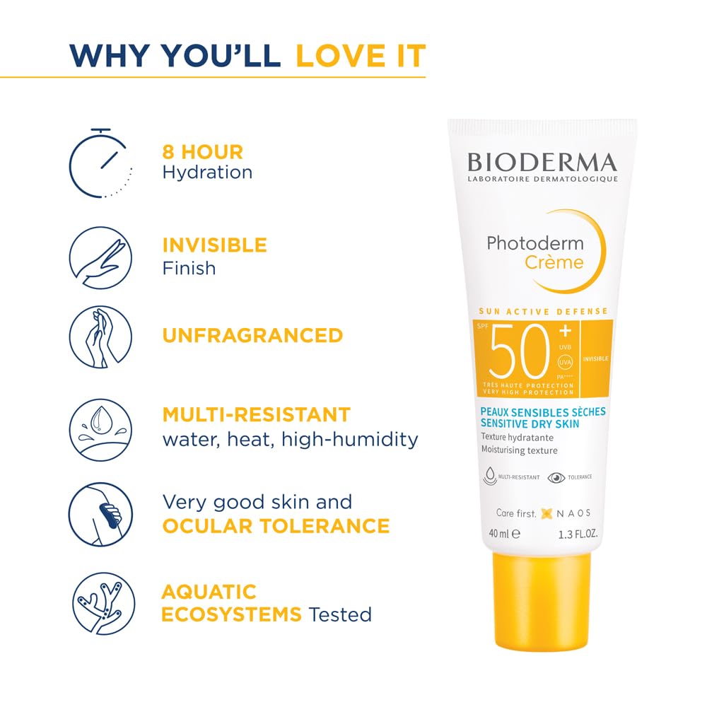 Bioderma sunscreen tube with features listed on a white background