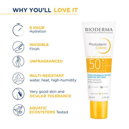 Bioderma sunscreen tube with features listed on a white background