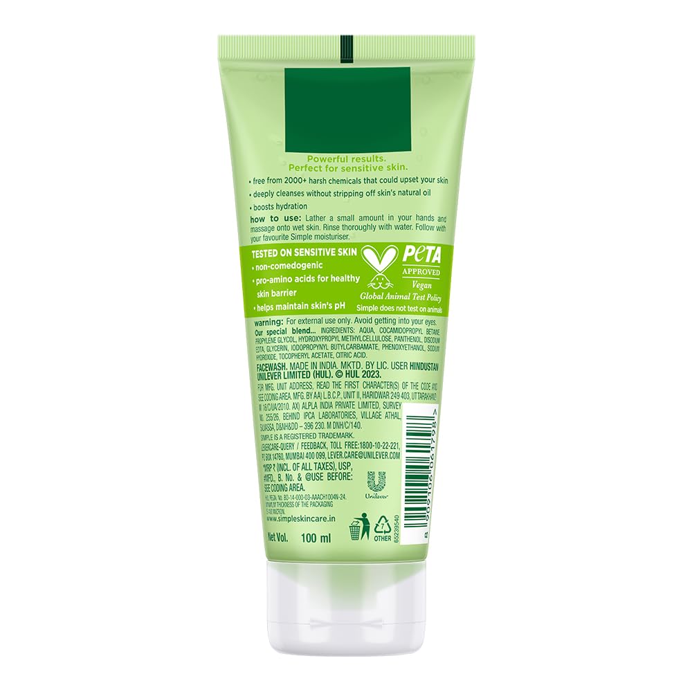 Simple Kind to Skin Refreshing Facial Wash | 100% Soap-Free Gentle Cleanser with Vitamin E & Glycerin | For All Skin Types | Perfect for Sensitive Skin, 100ml
