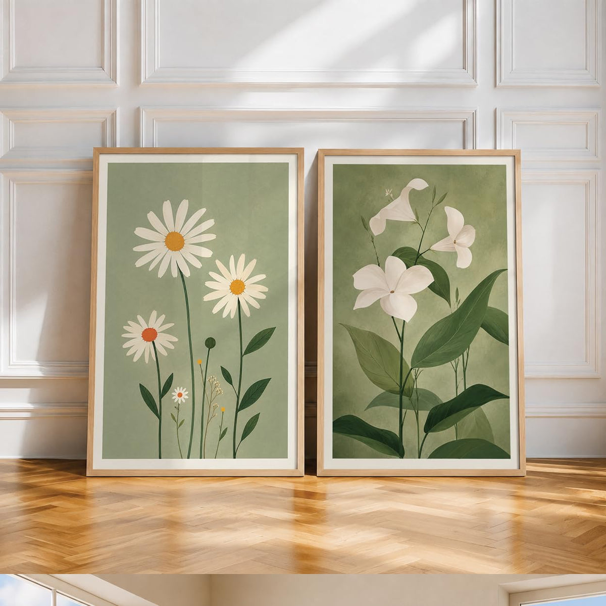 Green Floral Wall Art Set of 2 | Living Room (DGN03-Natural10x13 inch)