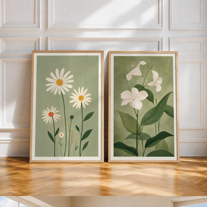 Green Floral Wall Art Set of 2 | Living Room (DGN03-Natural10x13 inch)