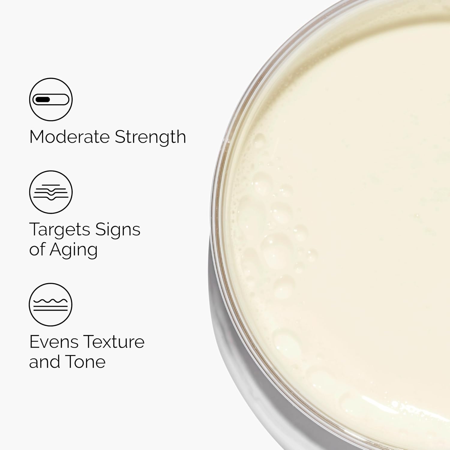Cosmetic product with text indicating its benefits on a white background